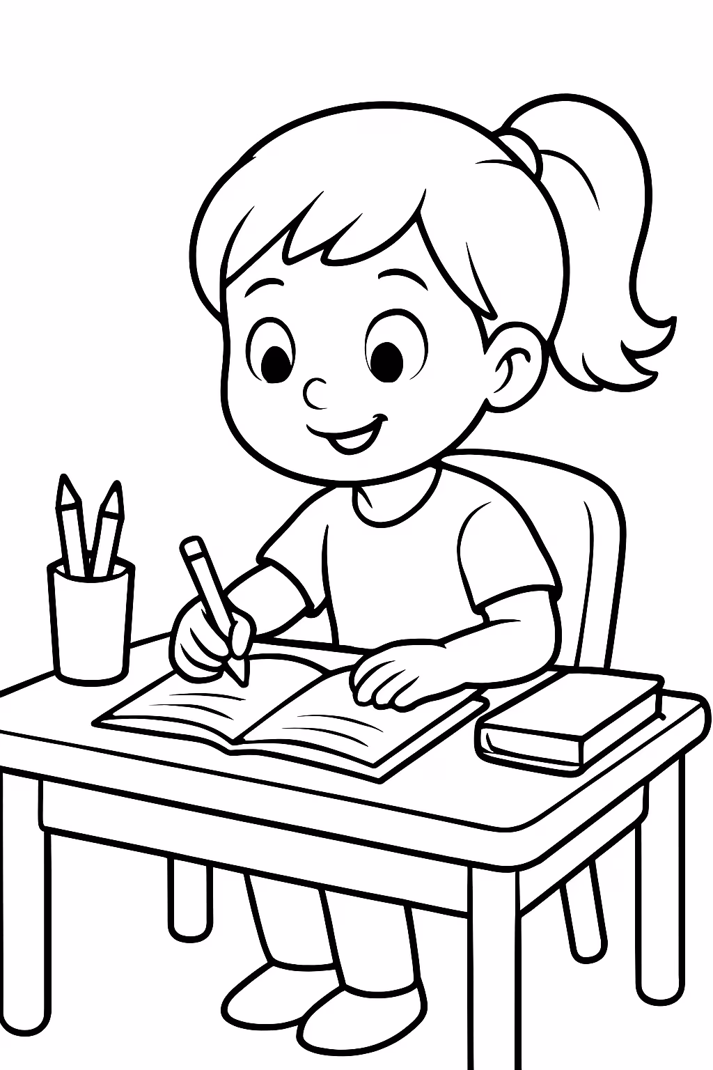 Menina no escritorio para colorir — desenho para imprimir