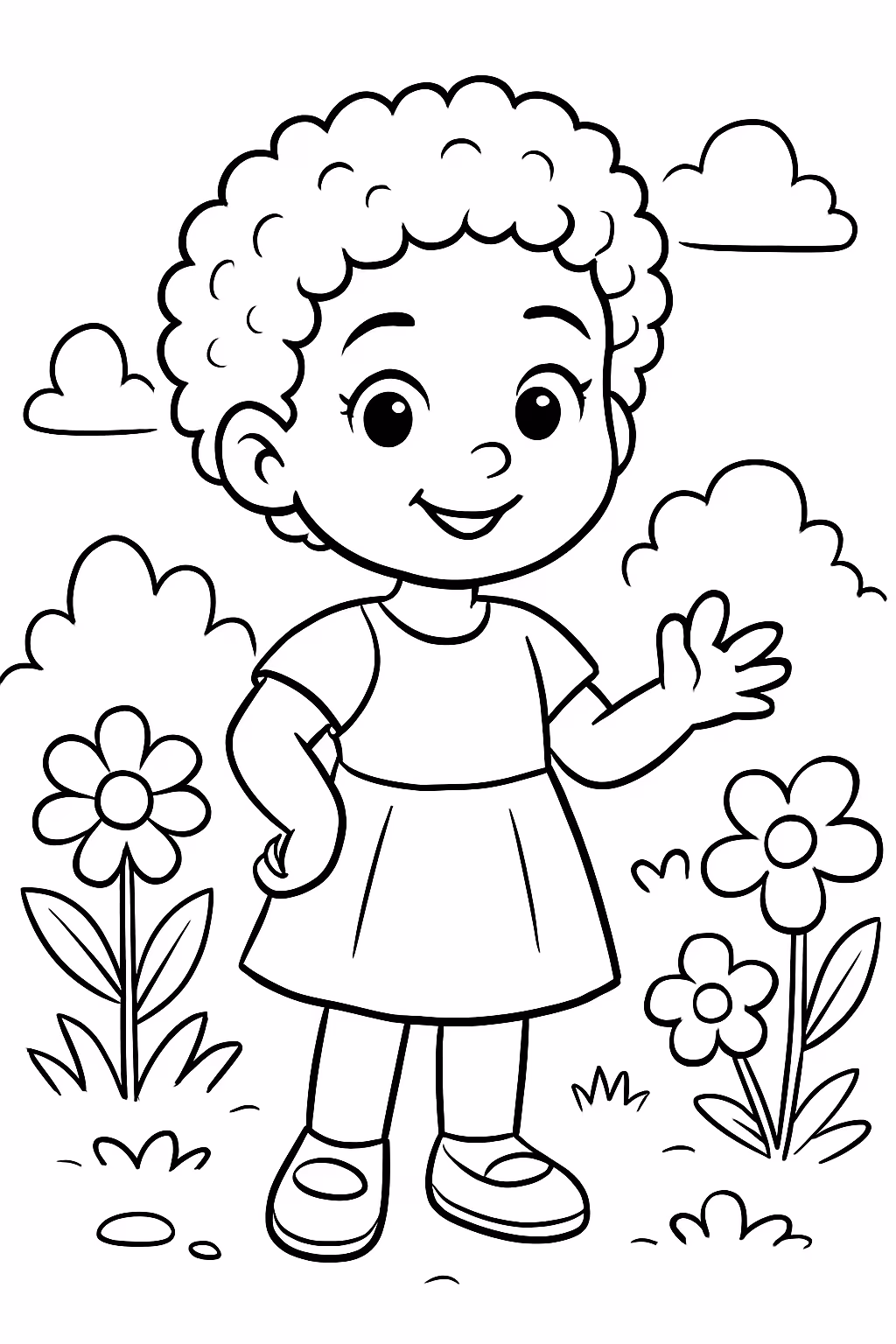 Menina no jadim cabelo cacheado curto para colorir — desenho para imprimir