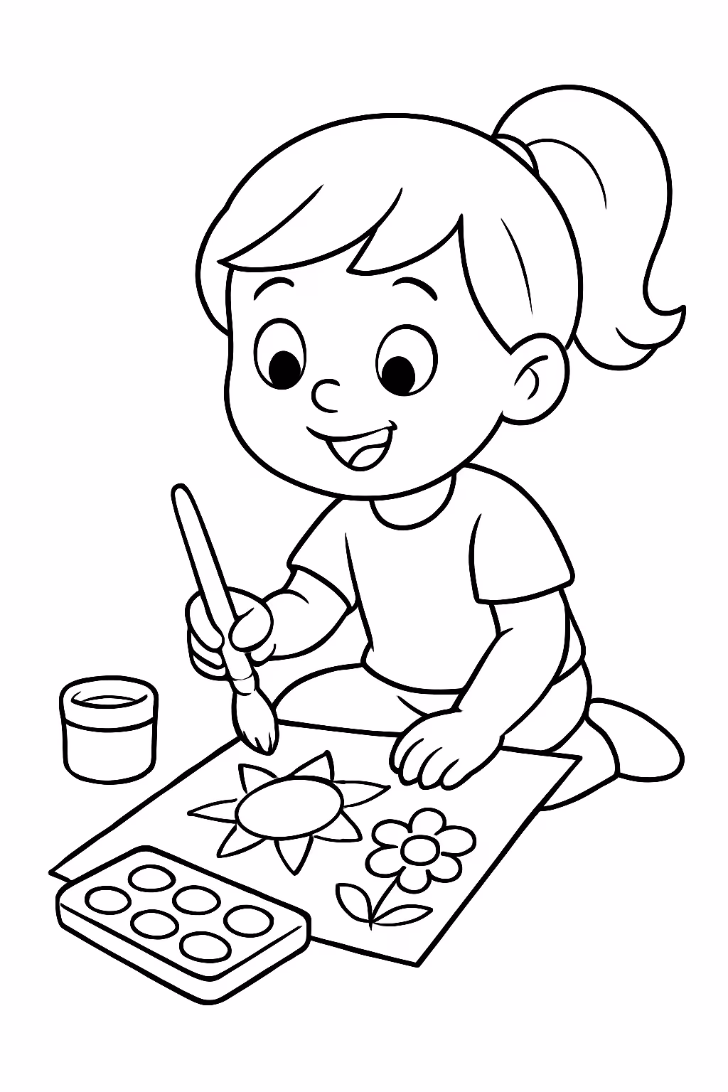 Menina pintando para colorir — desenho para imprimir
