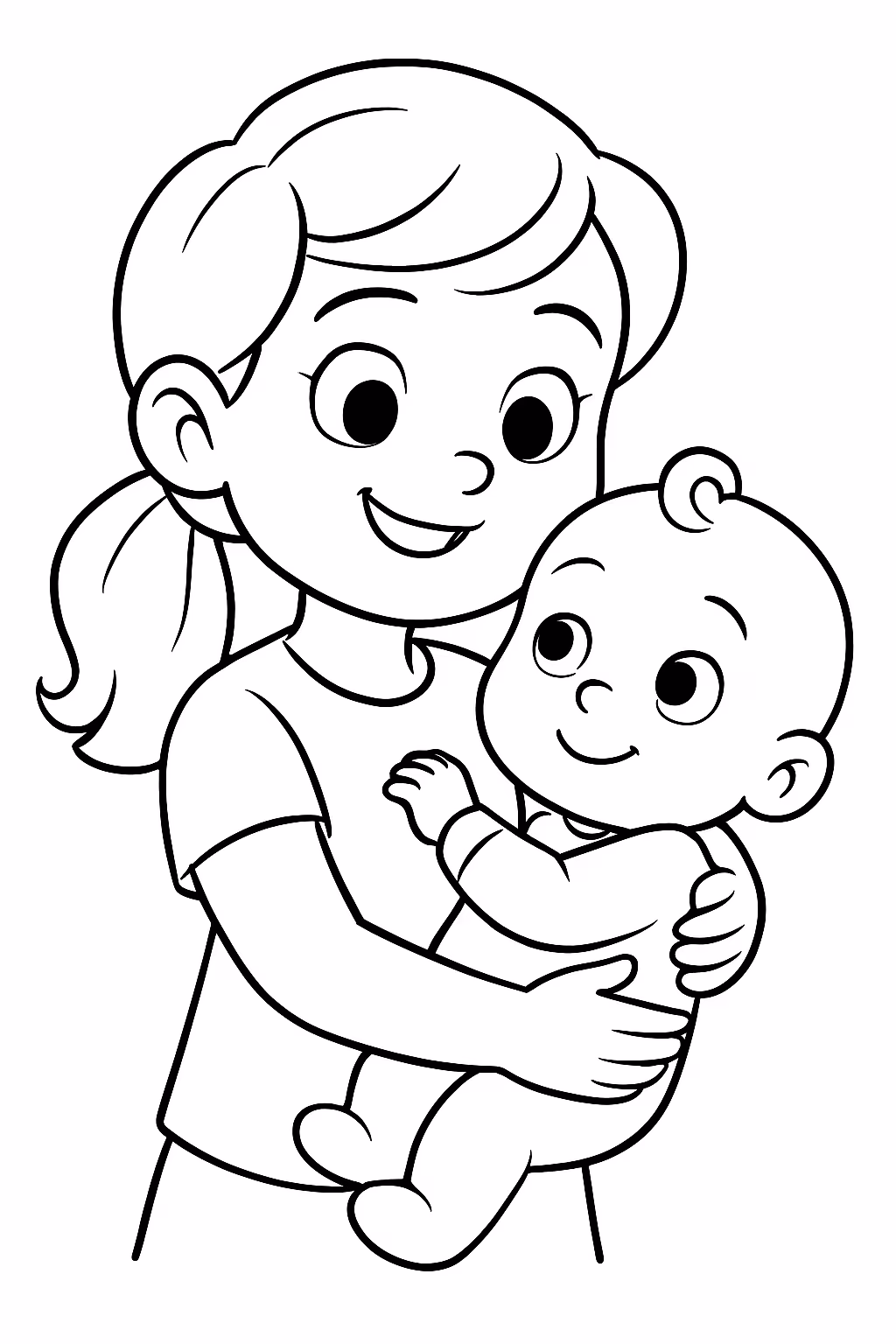 Menina segurando a irma para colorir — desenho para imprimir