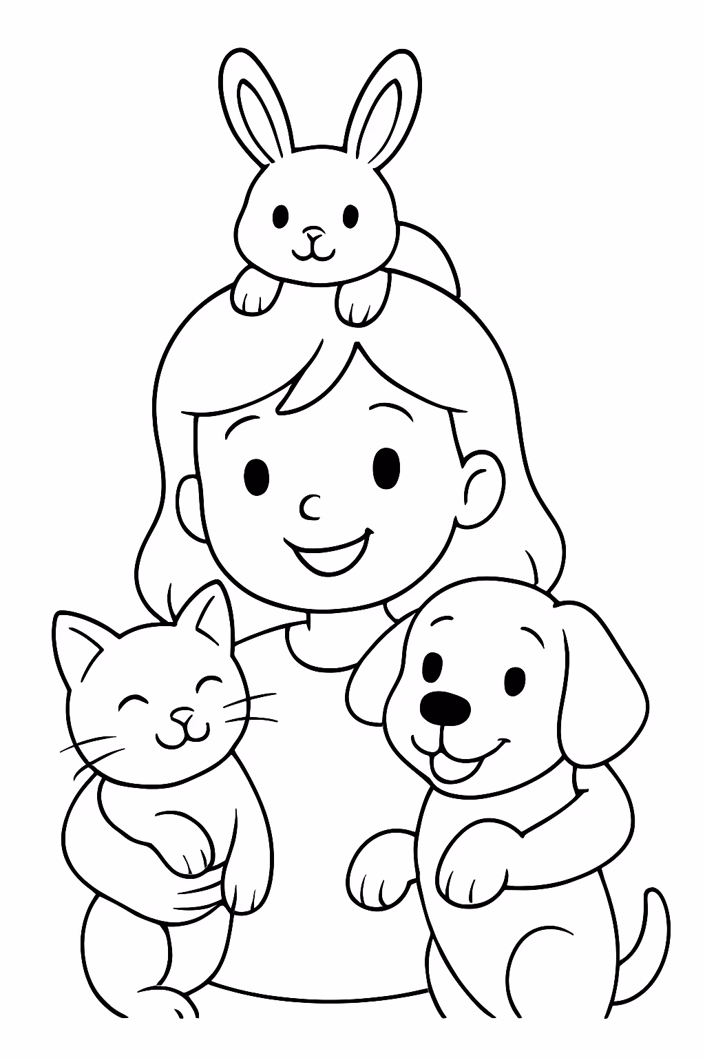 Menina segurando um cachorro segunrando um gato e um coleho para colorir — desenho para imprimir