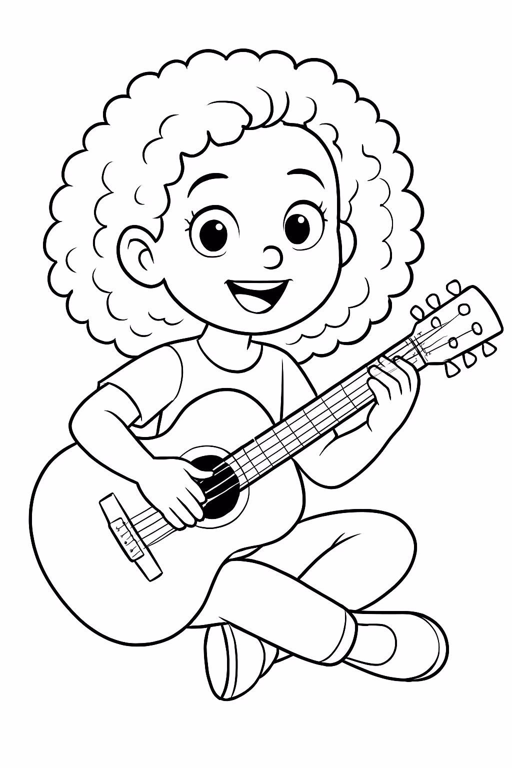 Menina tocando violao de cabelos cacheados cantora para colorir — desenho para imprimir