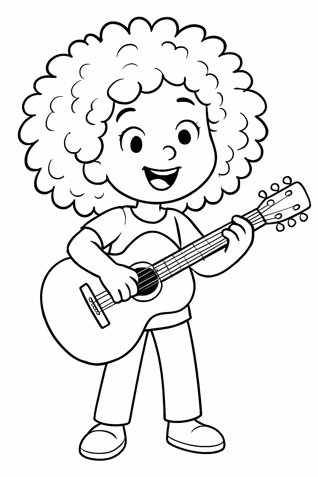 Menina tocando violao de cabelos enrolado grande cantora para colorir — desenho para imprimir