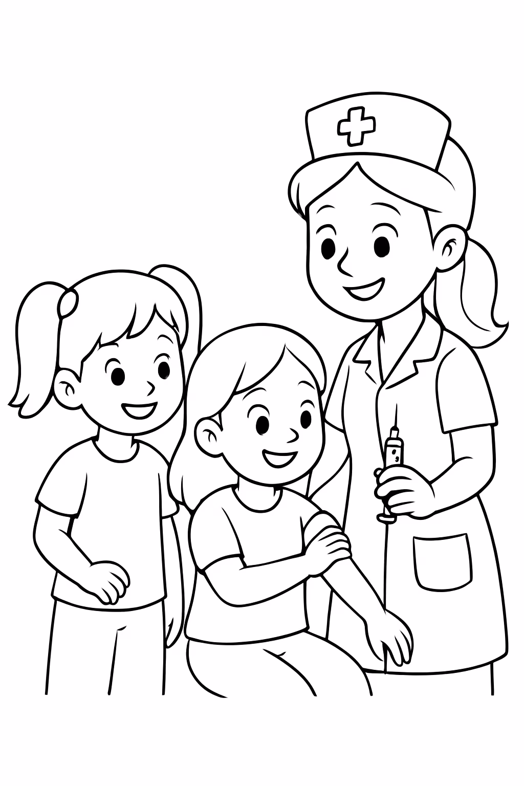 Meninas fazndo colet de sangue feliz com enfermeira para colorir — desenho para imprimir