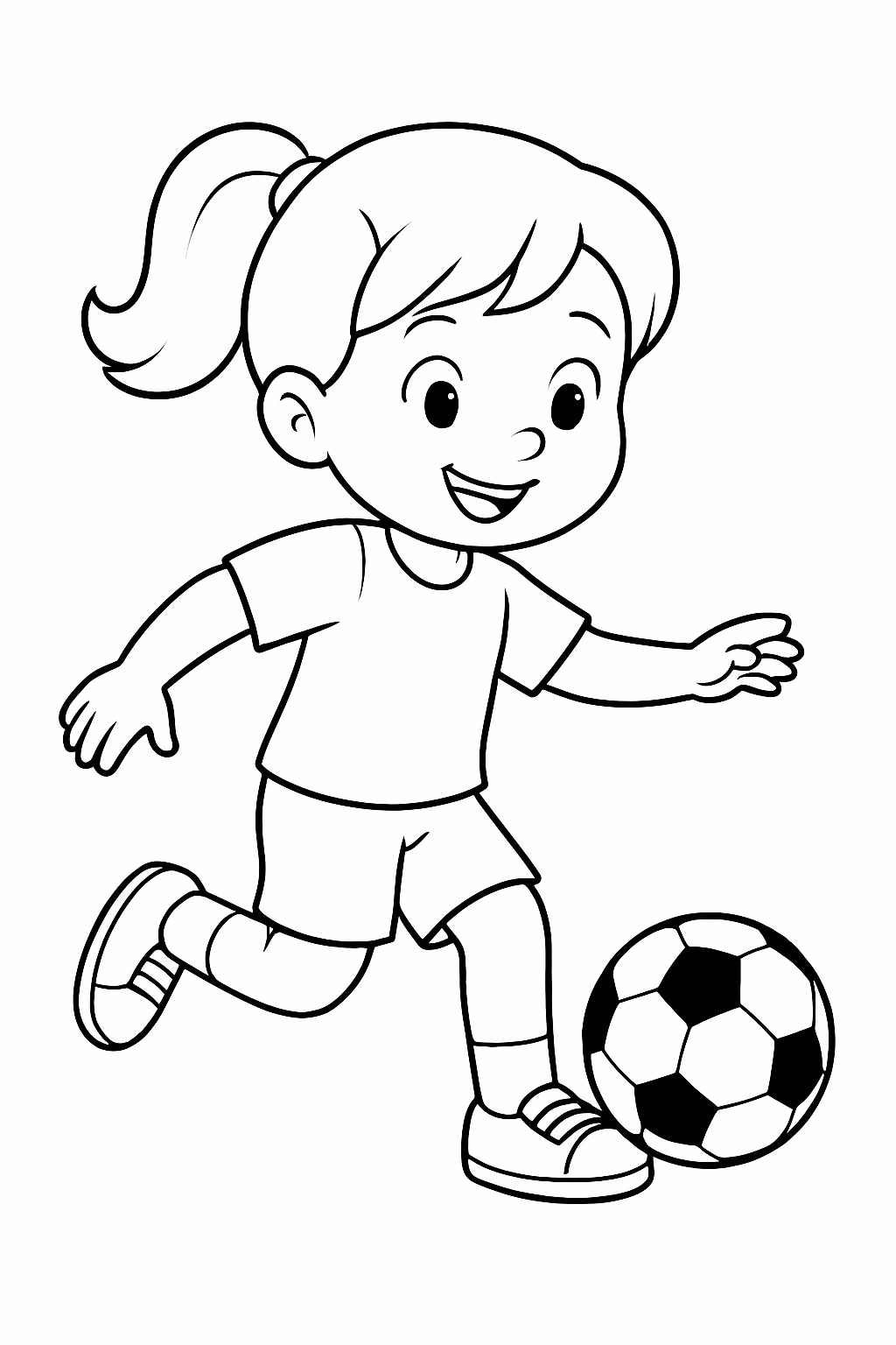 Menininha jogando futebol feliz para colorir — desenho para imprimir
