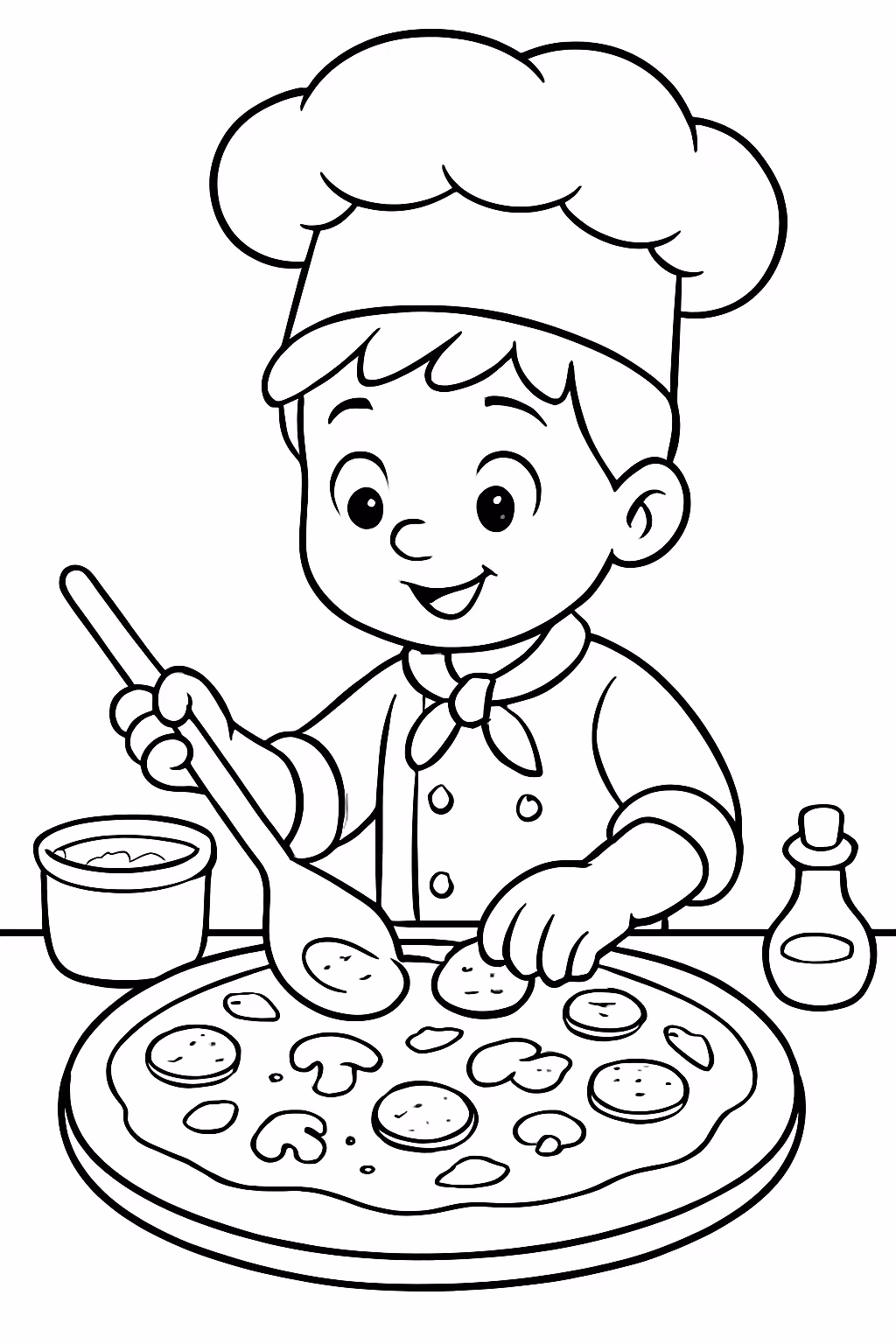 Menininho fazendo pizza tema italiano para colorir — desenho para imprimir