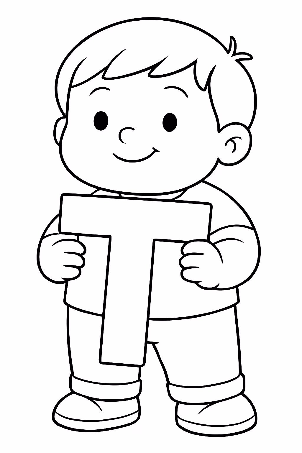Menino anos gordinho cabelo liso medio segurando a letra t para colorir — desenho para imprimir