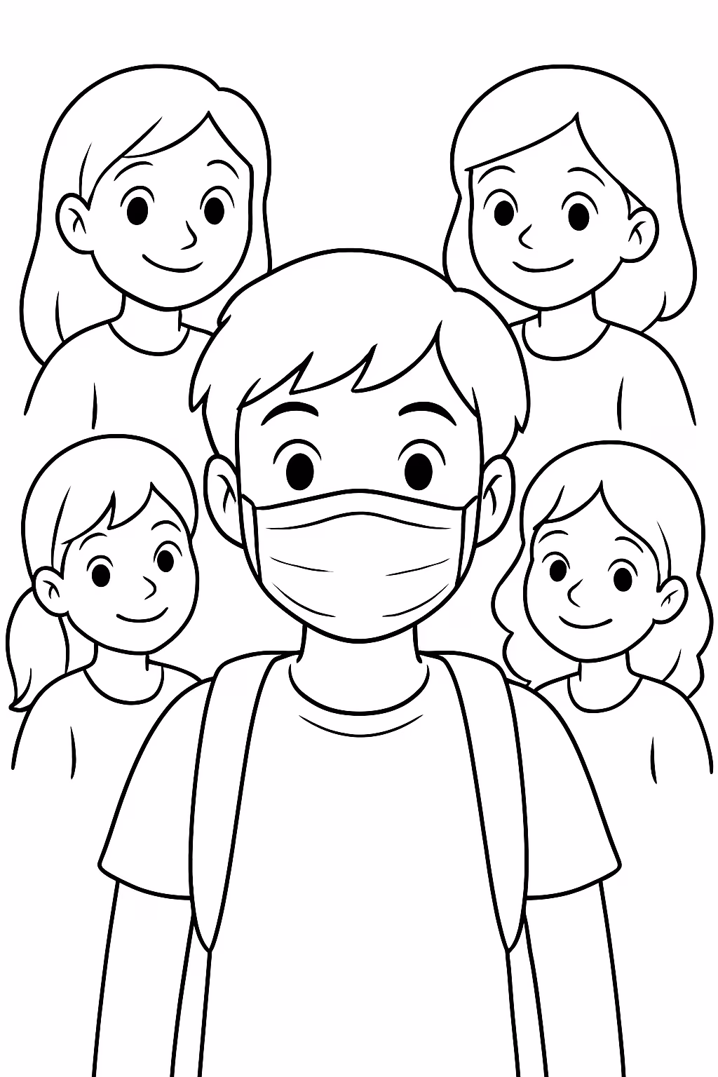 Menino adolecente com mascara com um monte de menina olhando para colorir — desenho para imprimir