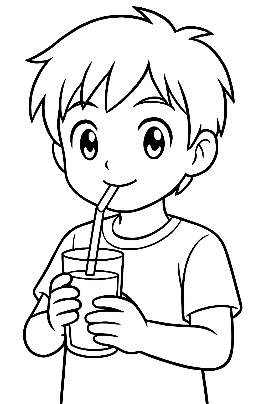Menino anime tomando suco com canudo para colorir — desenho para imprimir