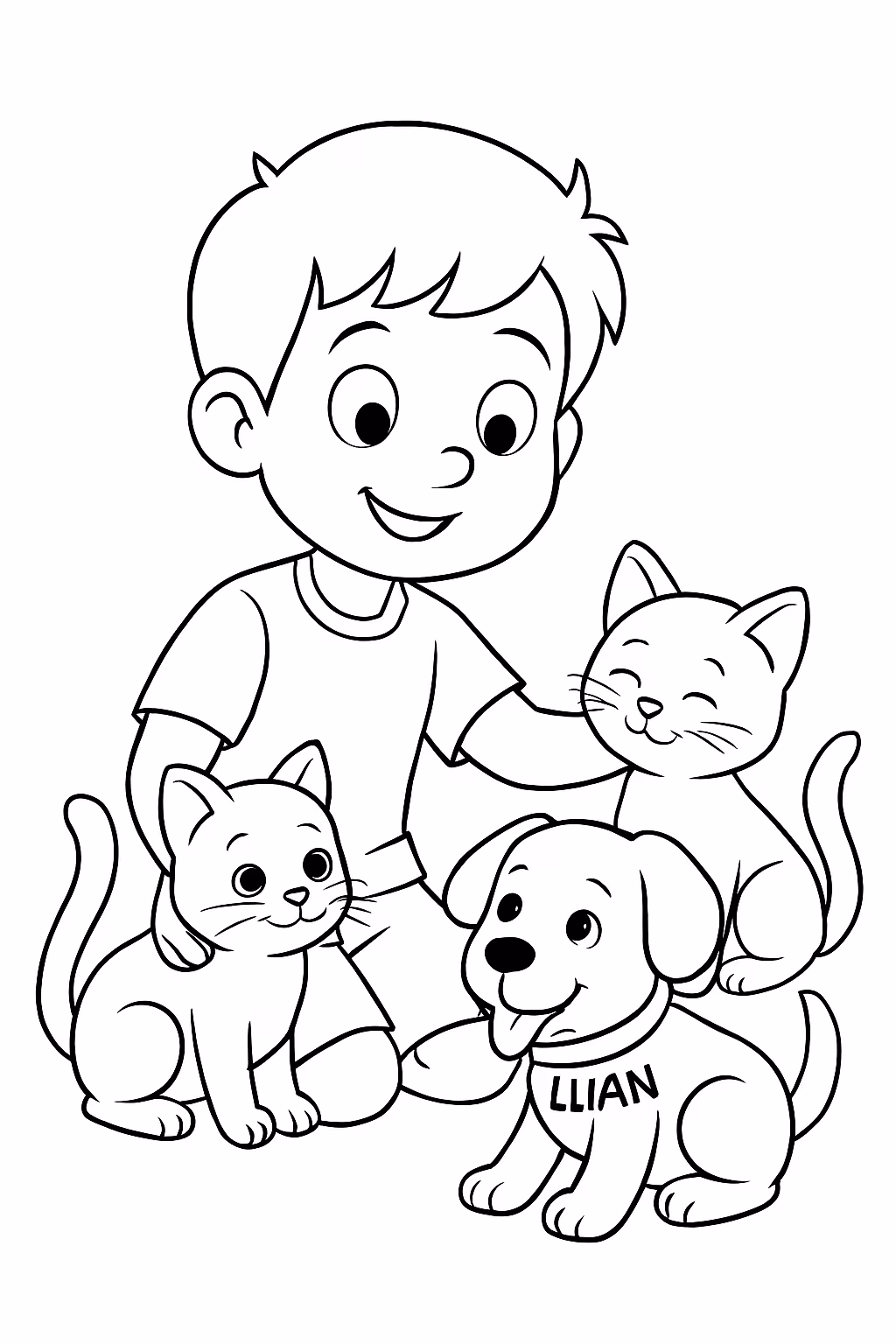 Menino brincando com os gatinhos e um cachorro por o para colorir — desenho para imprimir