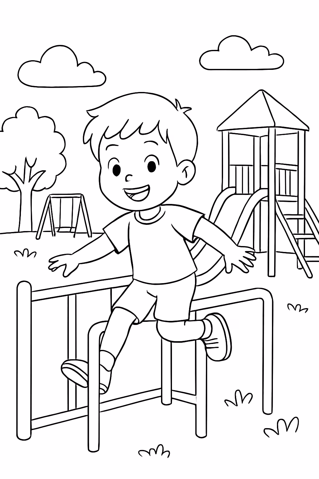 Menino brincando no parquinho da escola para colorir — desenho para imprimir