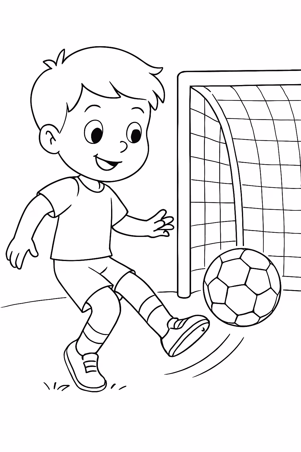 Menino chutando a bola no gol para colorir — desenho para imprimir