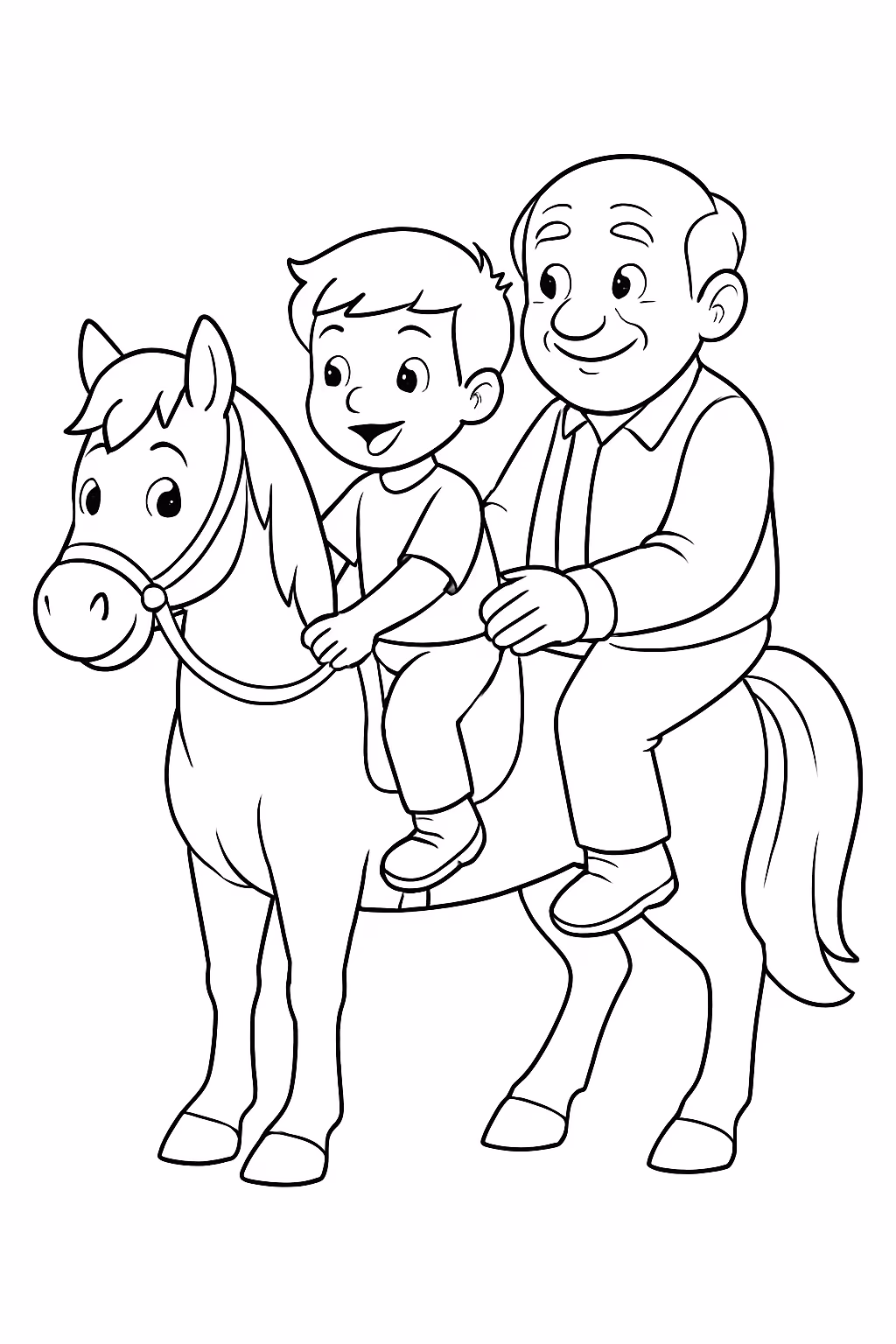 Menino com avo no cavalo para colorir — desenho para imprimir