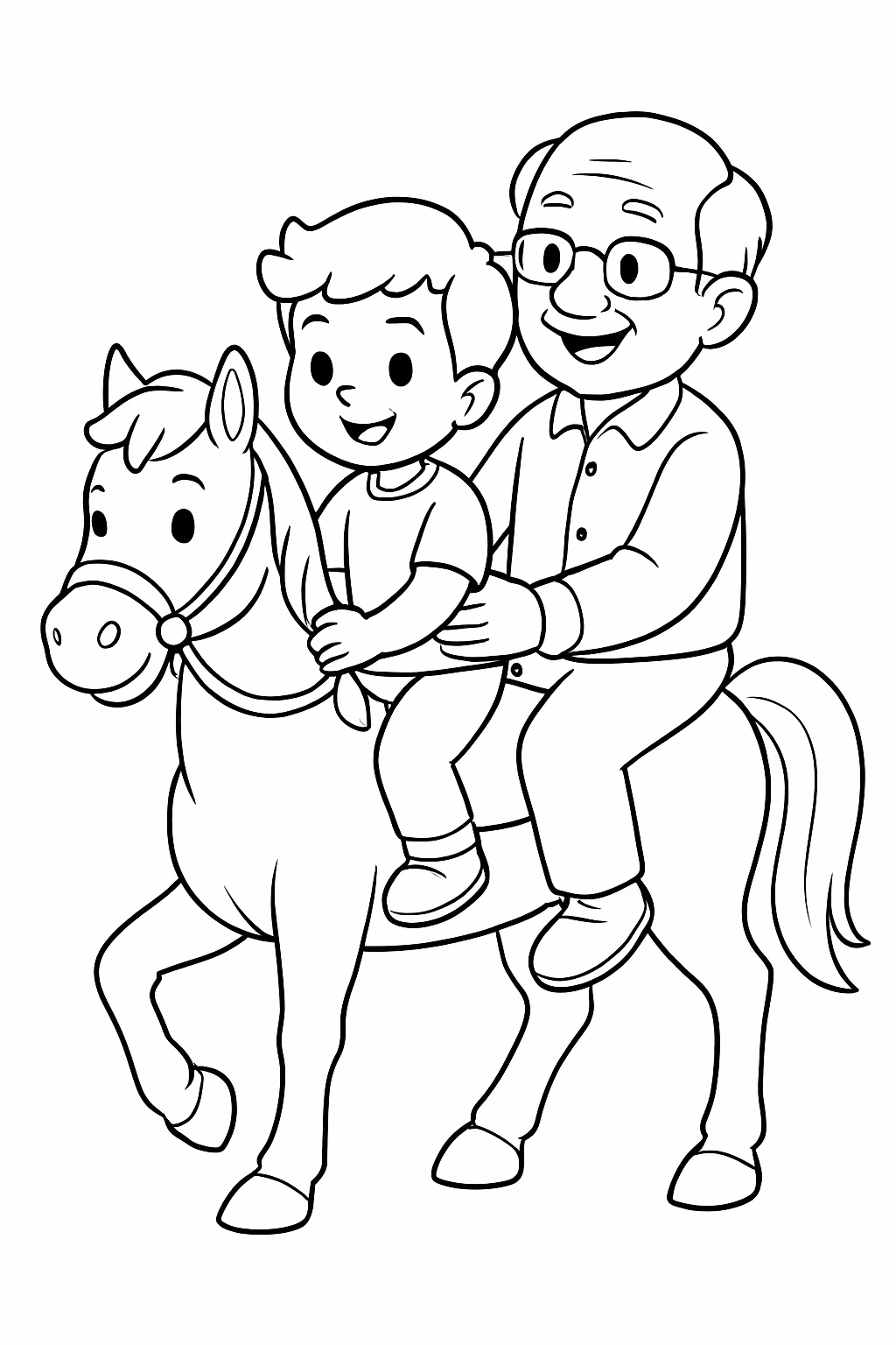 Menino com avo novo no cavalo para colorir — desenho para imprimir