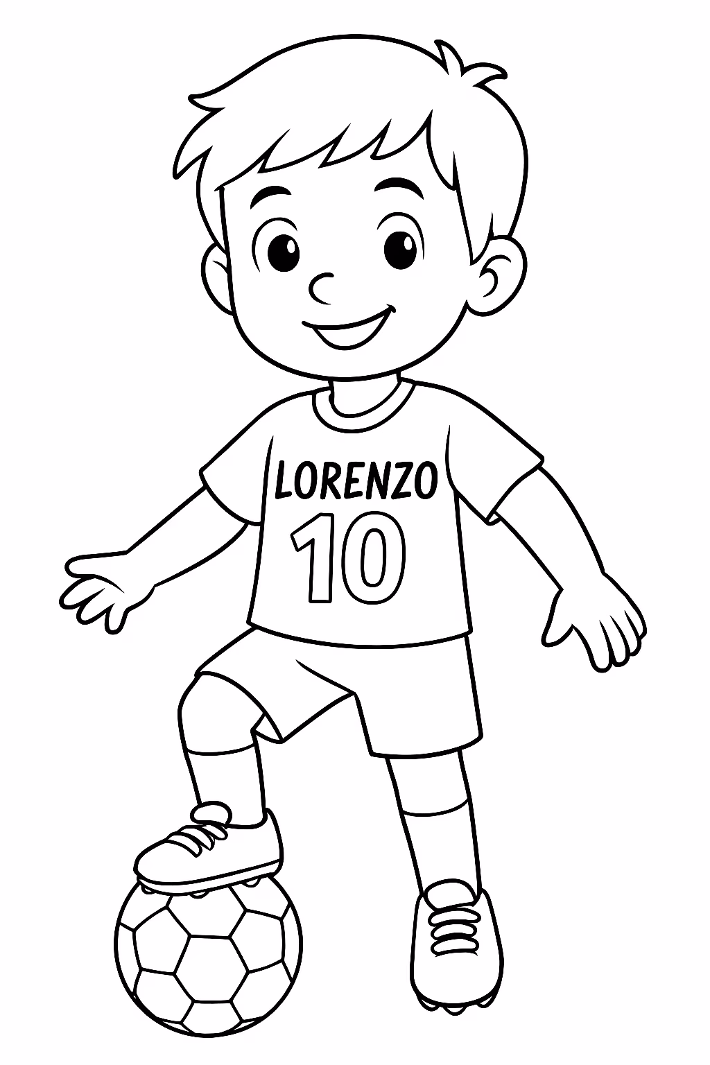 Menino com com a bola numero na camisa e com para colorir — desenho para imprimir
