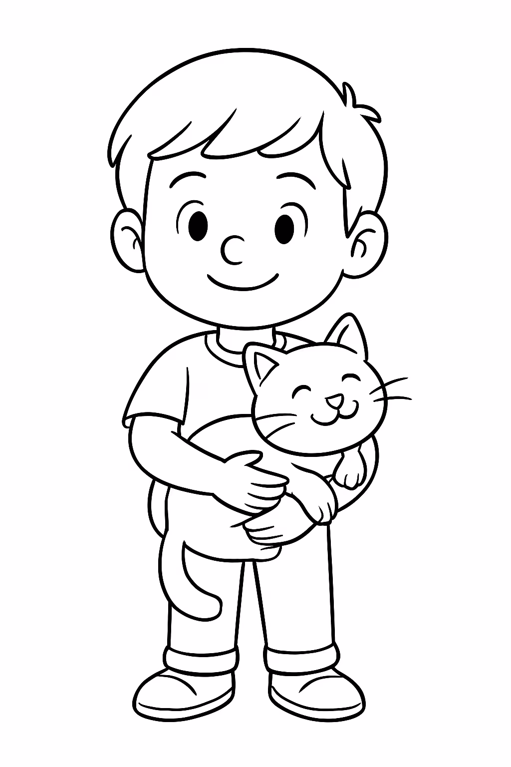 Menino com gato para colorir — desenho para imprimir