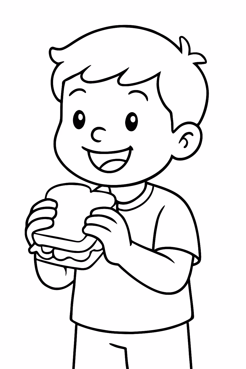Menino com lanche feliz para colorir — desenho para imprimir