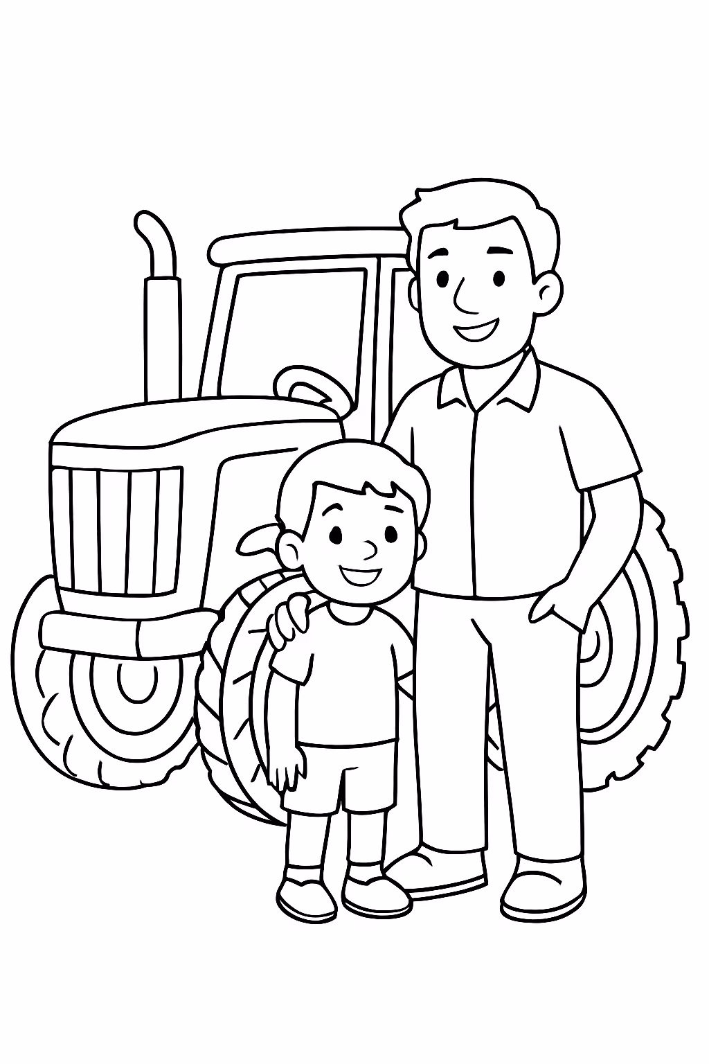 Menino com o pai e um trator para colorir — desenho para imprimir