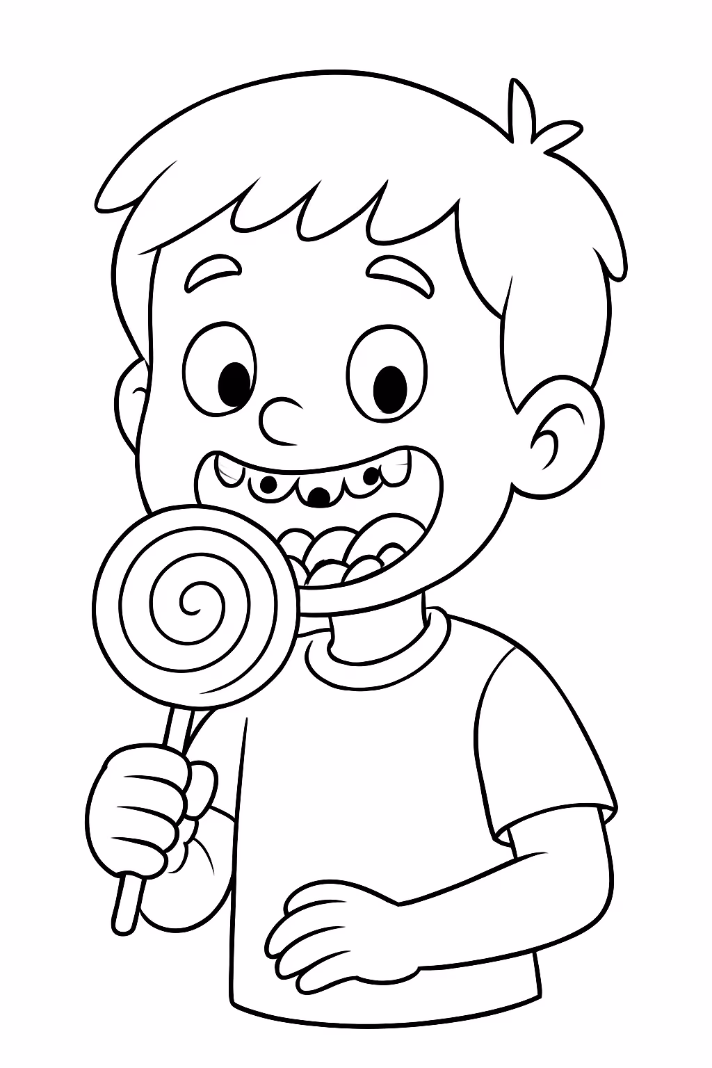 Menino com os dentes podres comendo pirulito para colorir — desenho para imprimir