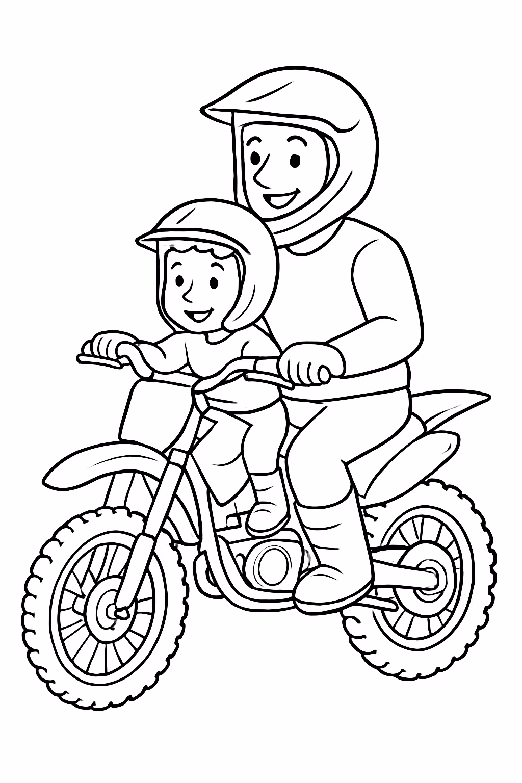 Menino com pai na moto de cross para colorir — desenho para imprimir