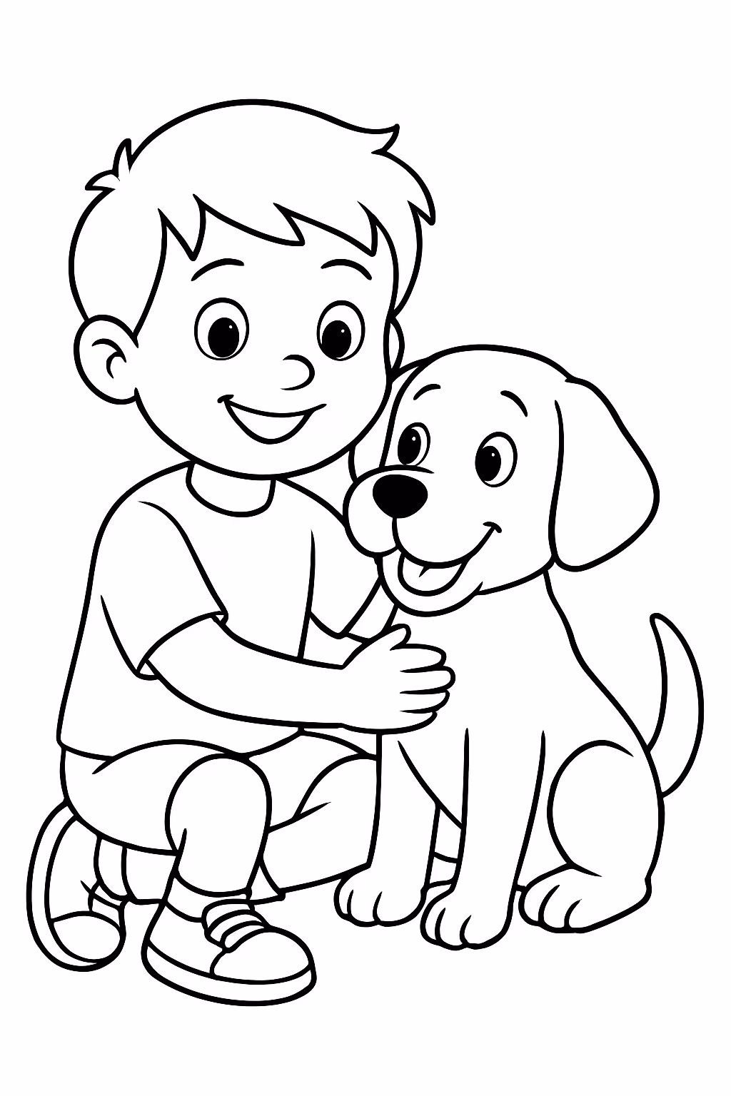 Menino com seu cachorro pipoca para colorir — desenho para imprimir