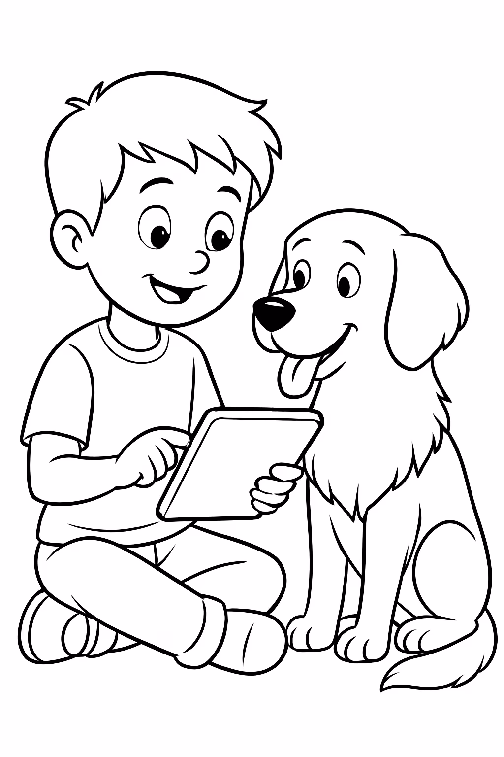 Menino com um comunicador de tablet e um golden para colorir — desenho para imprimir