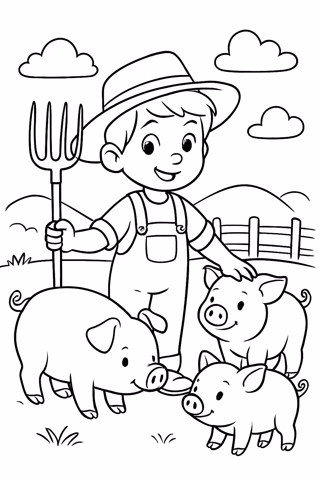 Menino cuidando de porcos para colorir — desenho para imprimir