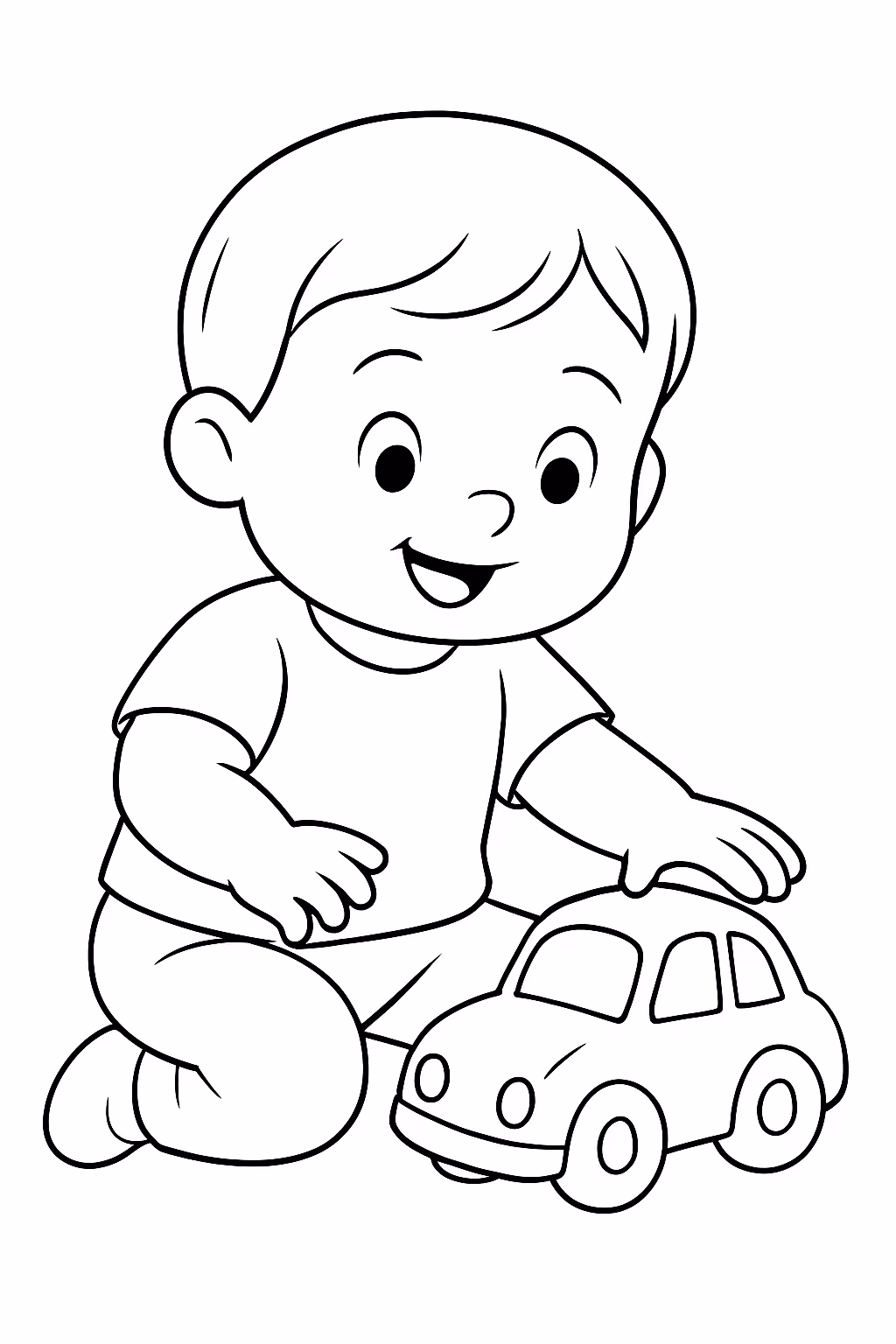 Menino de anos com cabelo lisinho louro brincando de carrinho para colorir — desenho para imprimir