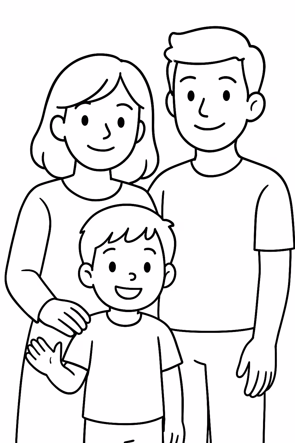 Menino de anos com a mae e o irmao de para colorir — desenho para imprimir