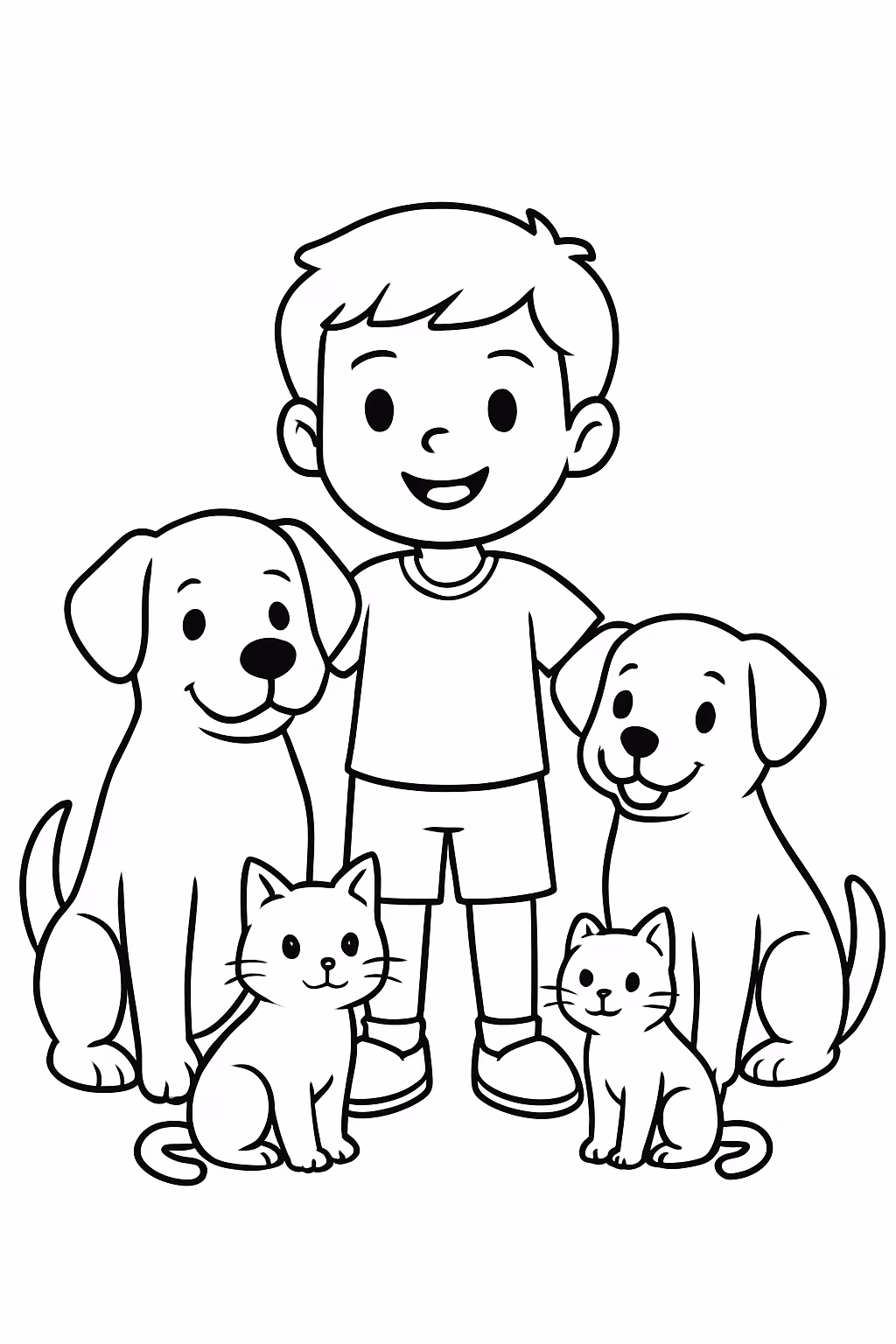 Menino de anos chamado pedro com dois cachorros e gatinhos para colorir — desenho para imprimir