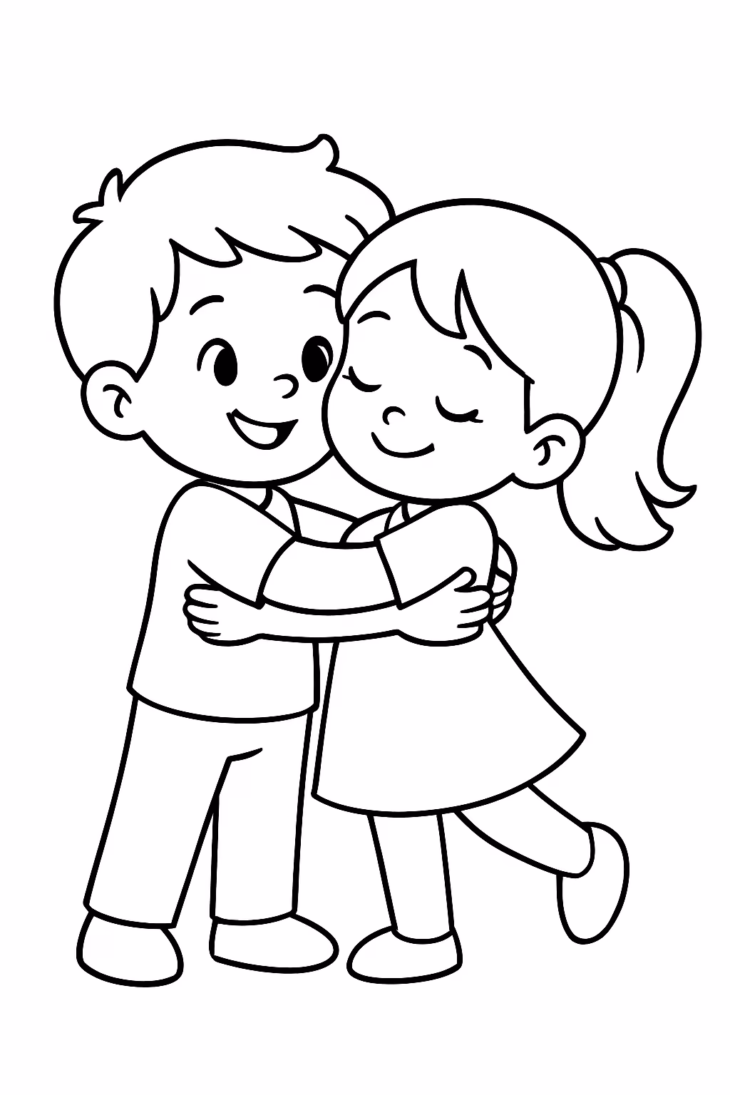 Menino e menina se abracando para colorir — desenho para imprimir