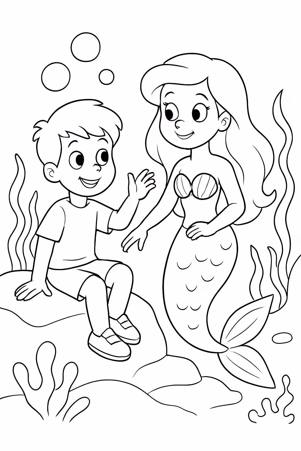 Menino e sua amiga sereia para colorir — desenho para imprimir