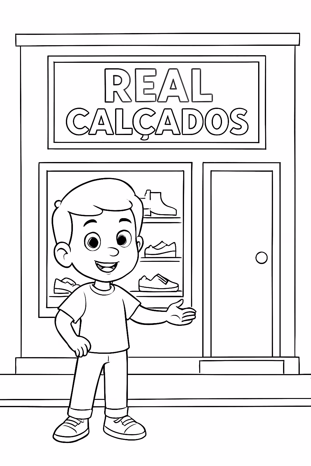 Menino em uma loja de calcados com o nome na para colorir — desenho para imprimir