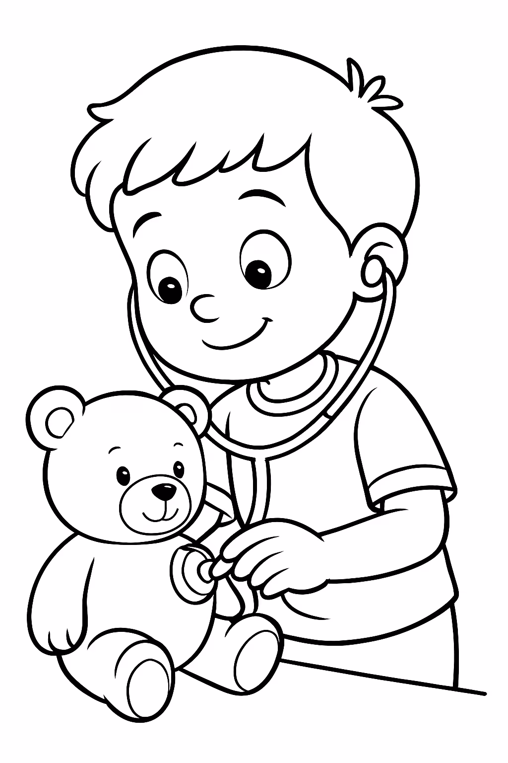 Menino examinando ursinho para colorir — desenho para imprimir