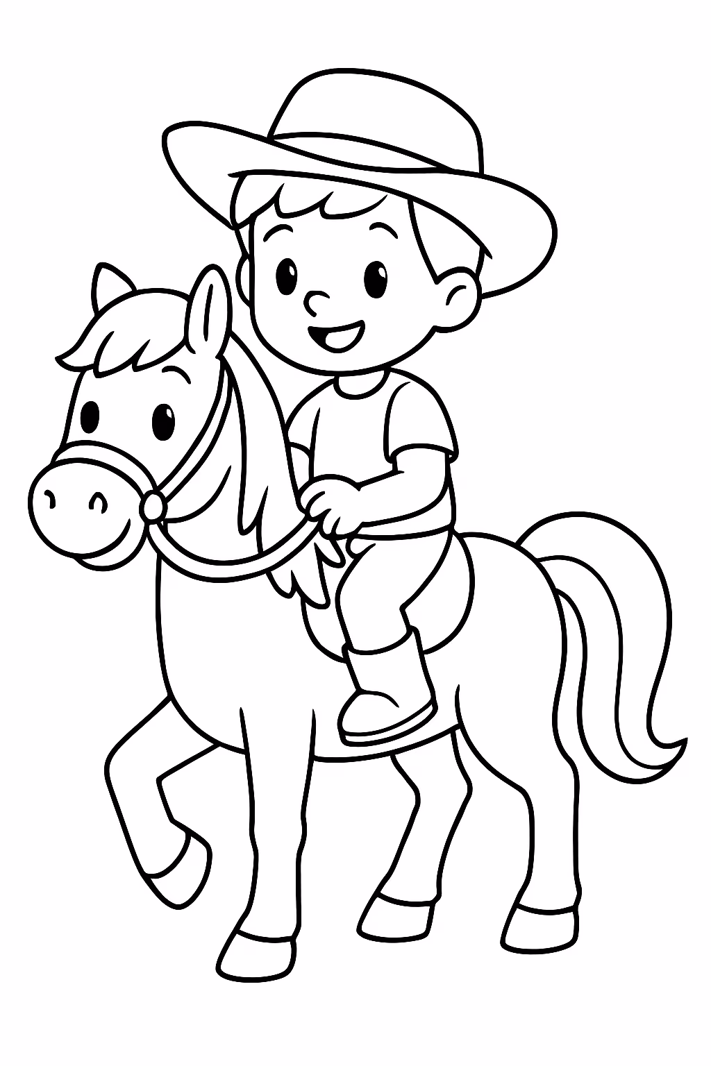 Menino montado em cima de um cavalo para colorir — desenho para imprimir