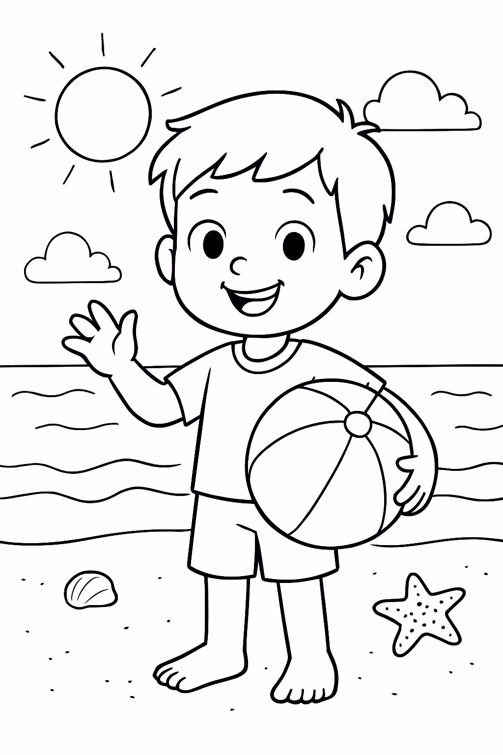 Menino na praia para colorir — desenho para imprimir