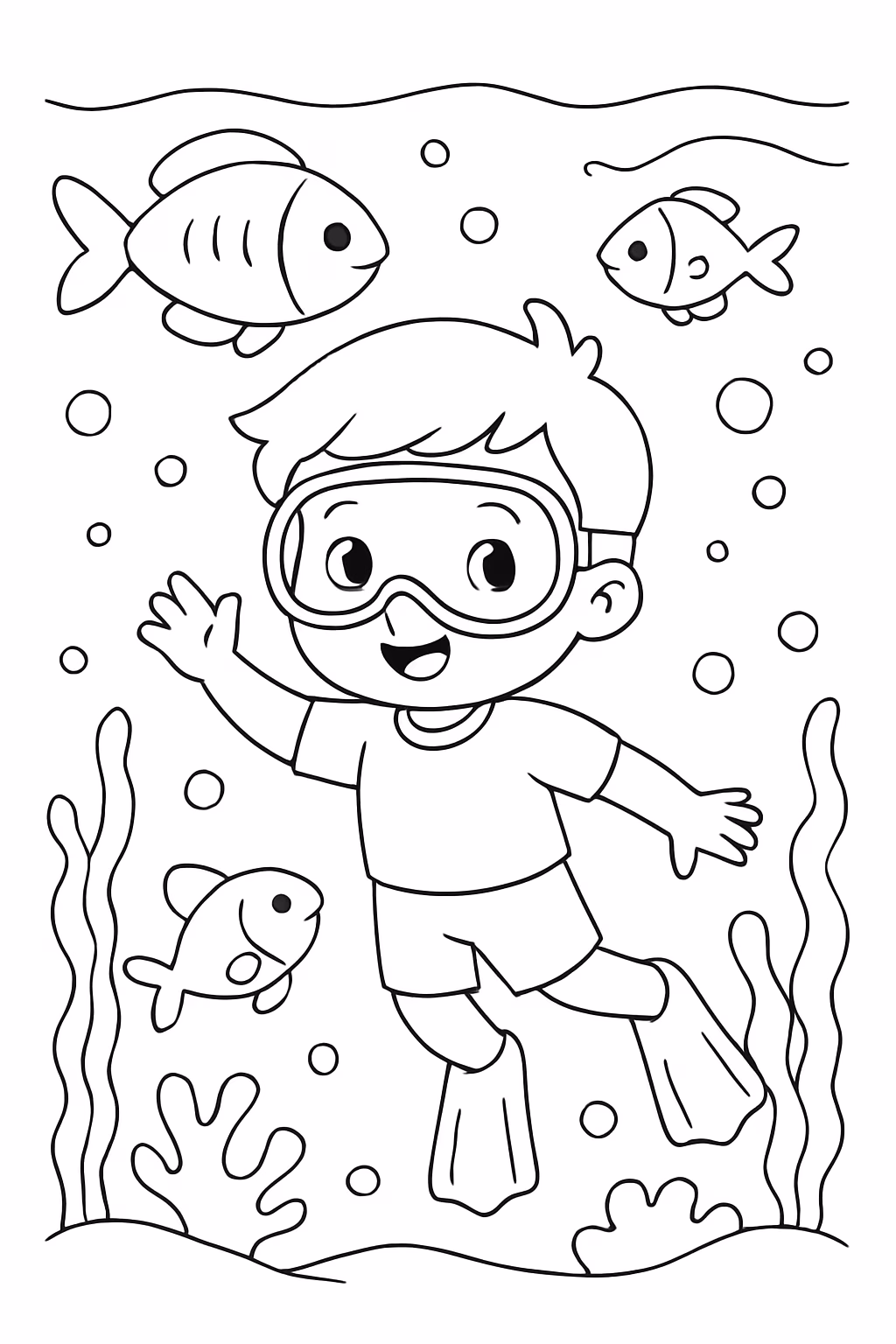 Menino no fundo do mar com peixes para colorir — desenho para imprimir