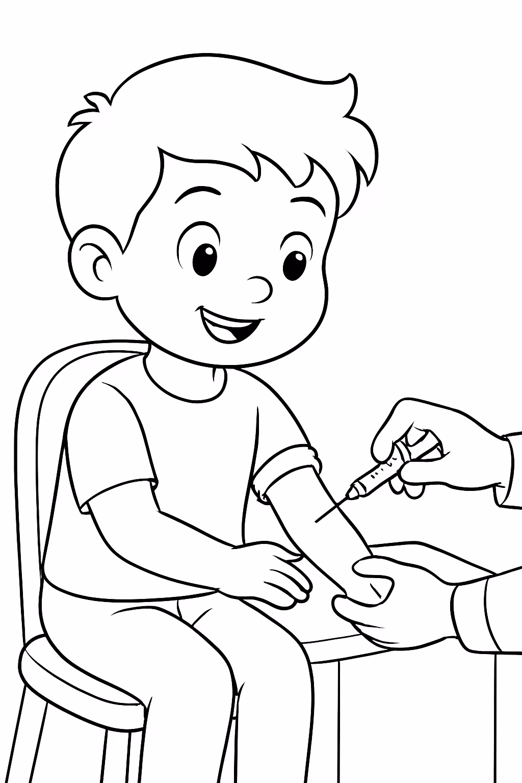 Menino pequeno corajoso fazendo exame de sangue para colorir — desenho para imprimir