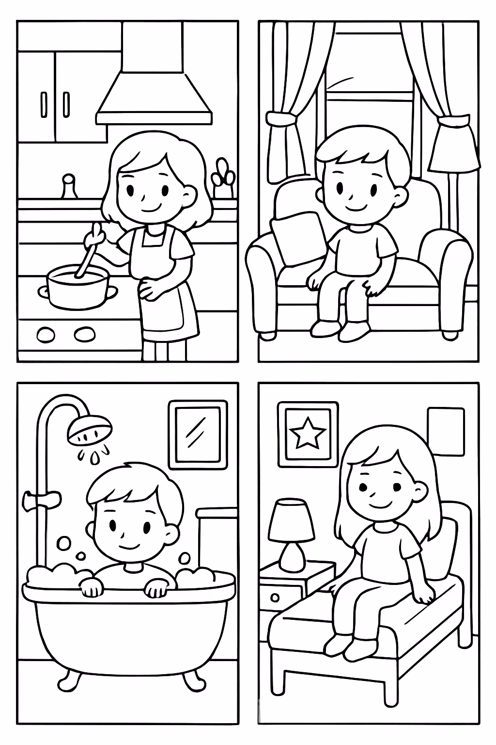 Mini quadrinhos de cozinha sala banheiro e quarto para colorir — desenho para imprimir