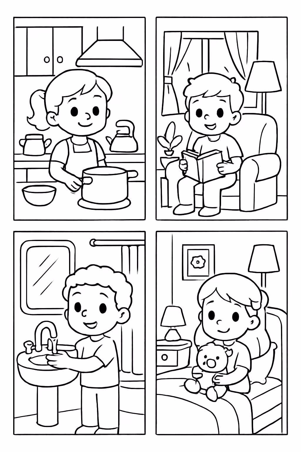 Mini quadrinhos de cozinha sala banheiro e quarto com moudura para colorir — desenho para imprimir