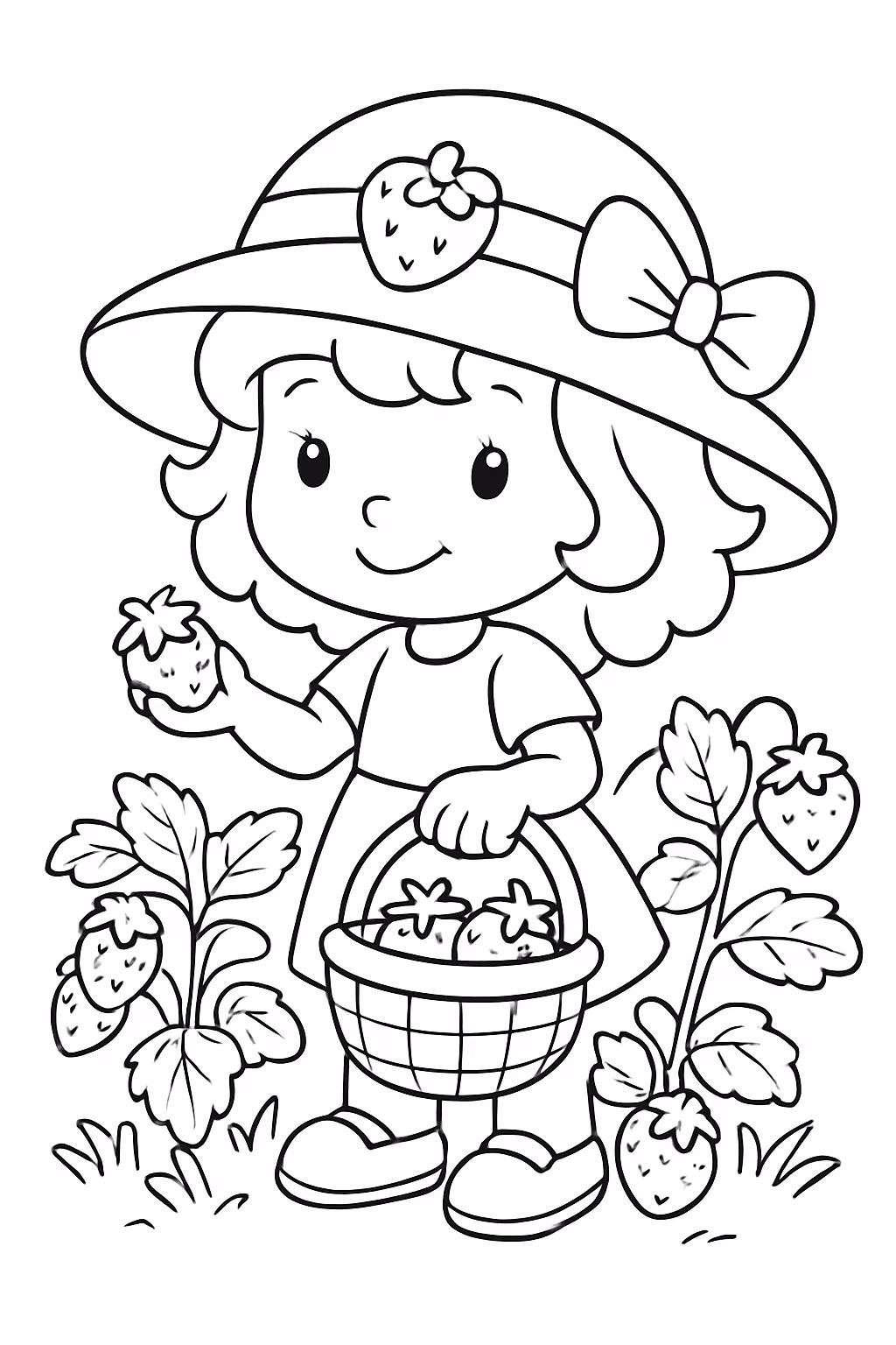Moranguinho colhendo frutas para colorir — desenho para imprimir