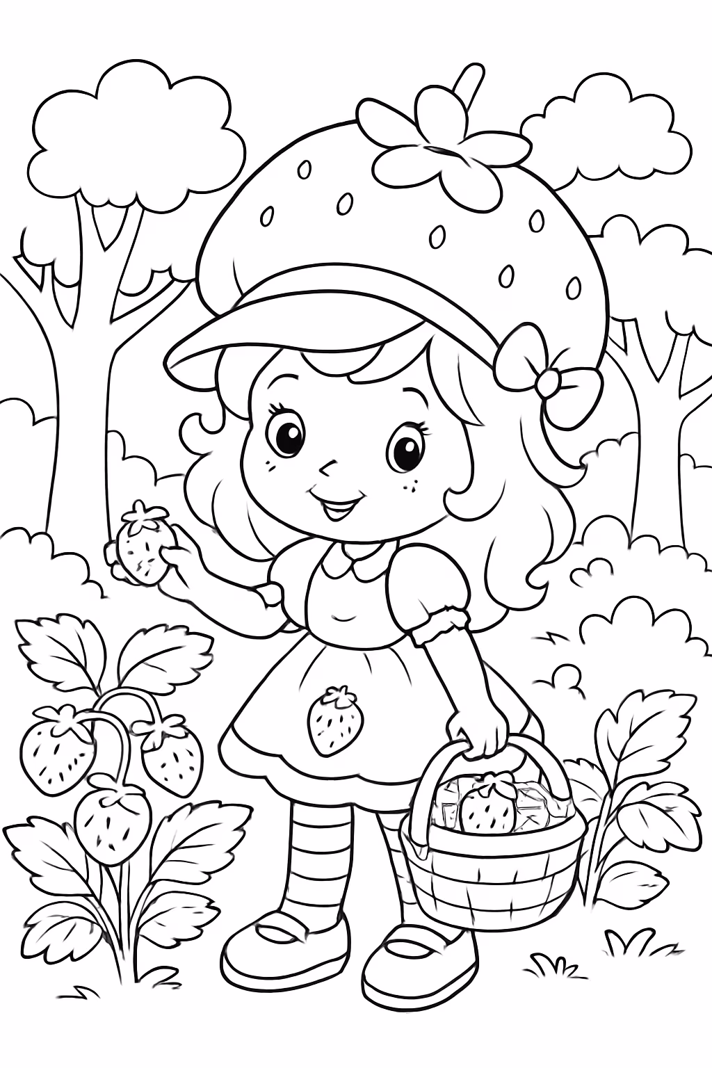 Moranguinho na floresta colhendo morangos para colorir — desenho para imprimir