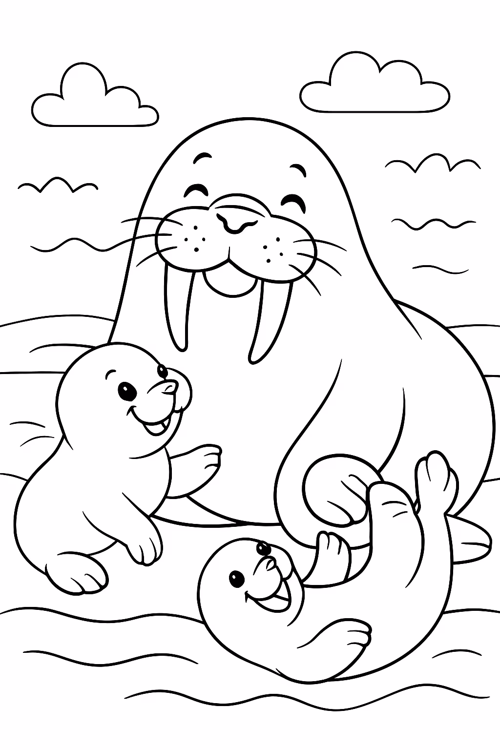 Morsa feliz com filhotes brincando para colorir — desenho para imprimir