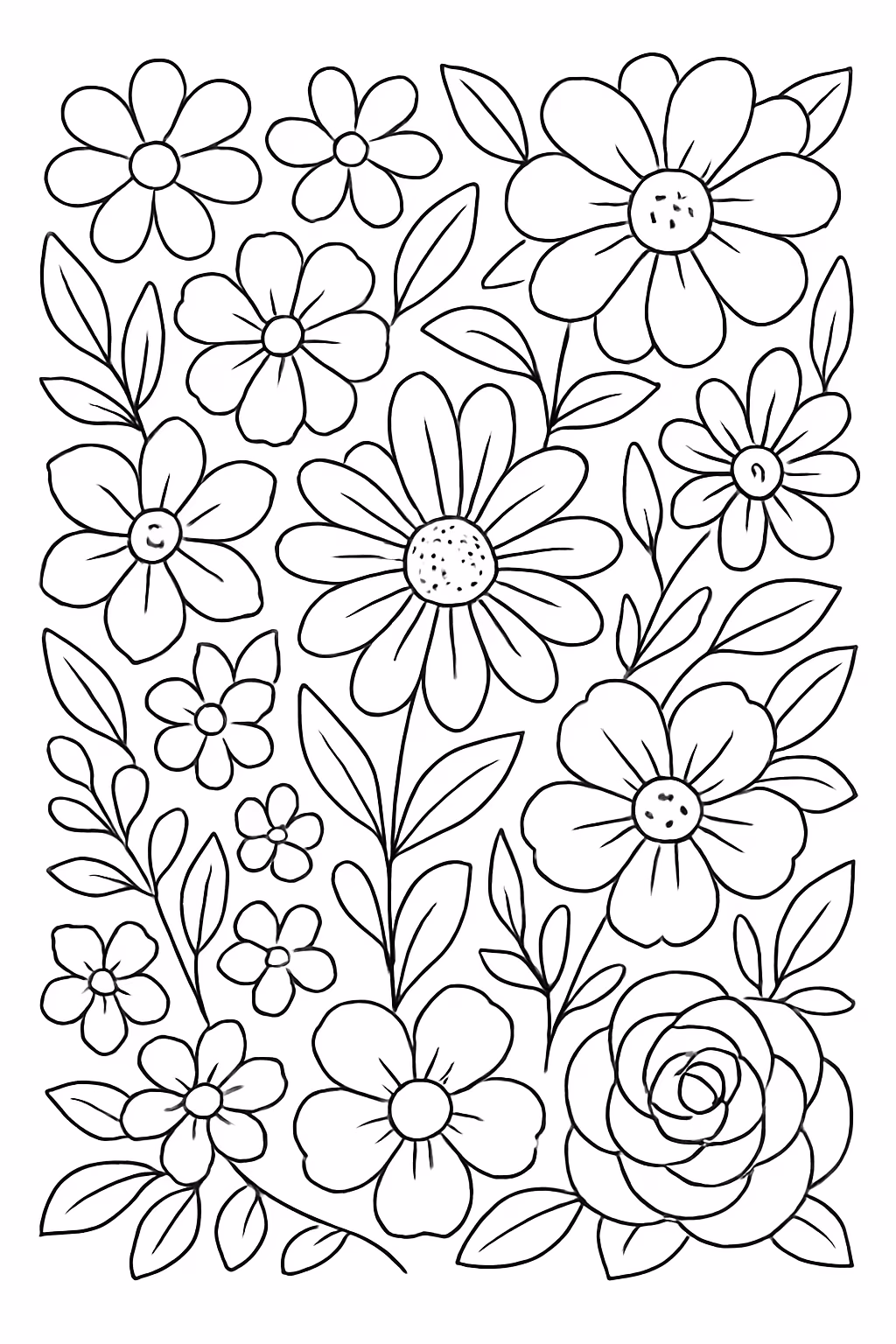 Muitas flores cheias de detalhes para colorir — desenho para imprimir