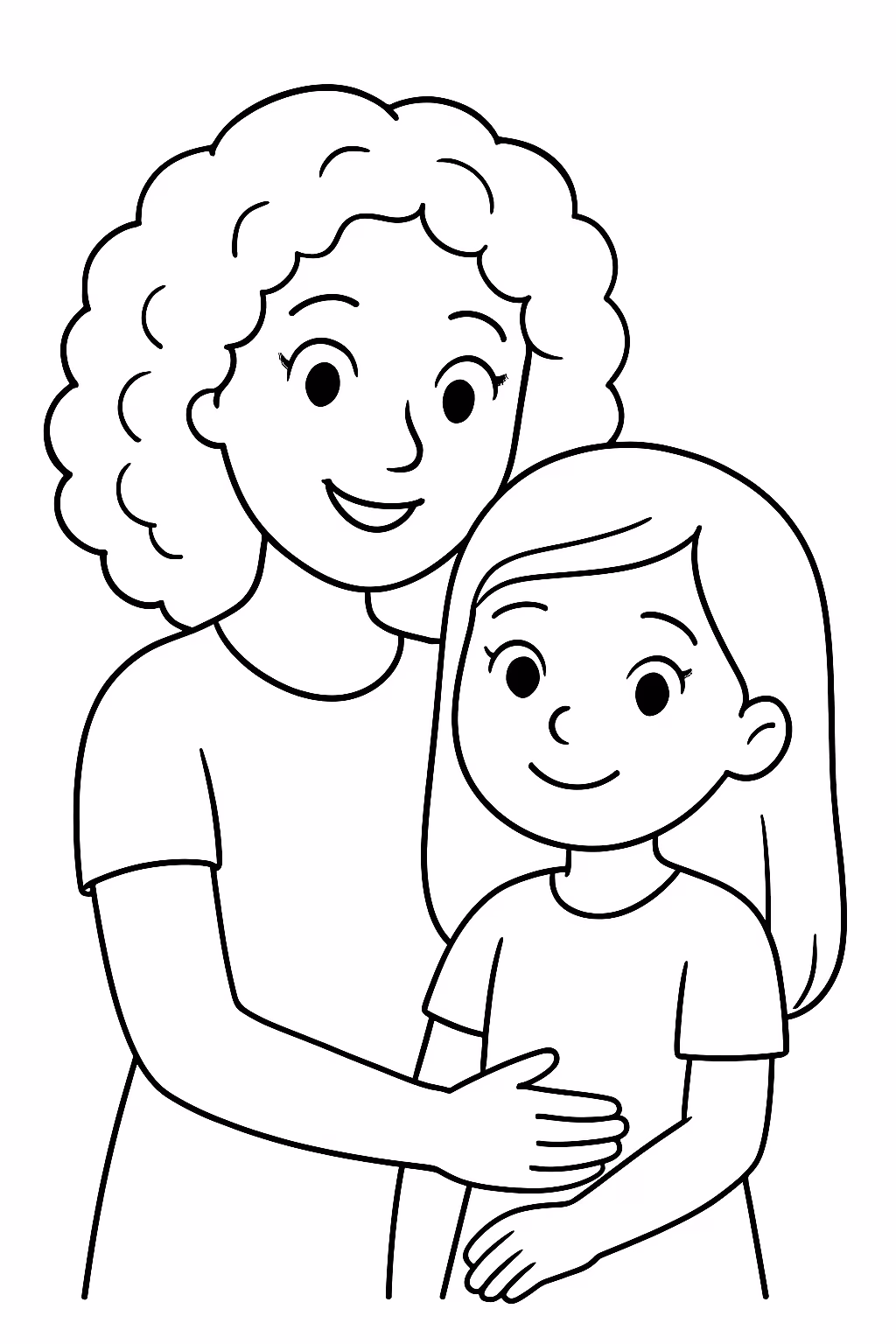 Mulher com cabelos cacheados e uma menina de cabelo liso para colorir — desenho para imprimir
