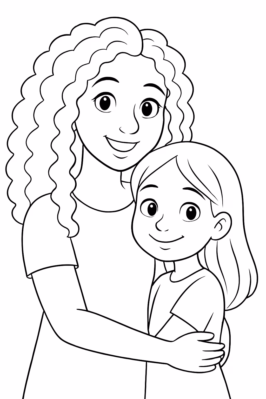 Mulher com cabelos cacheados longos e uma menina de cabelo para colorir — desenho para imprimir