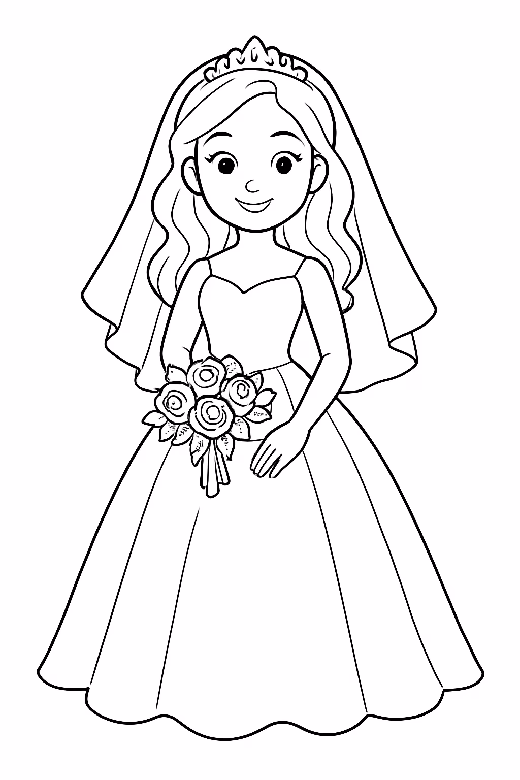 Mulher com vestido de casamento bem lindo para colorir — desenho para imprimir