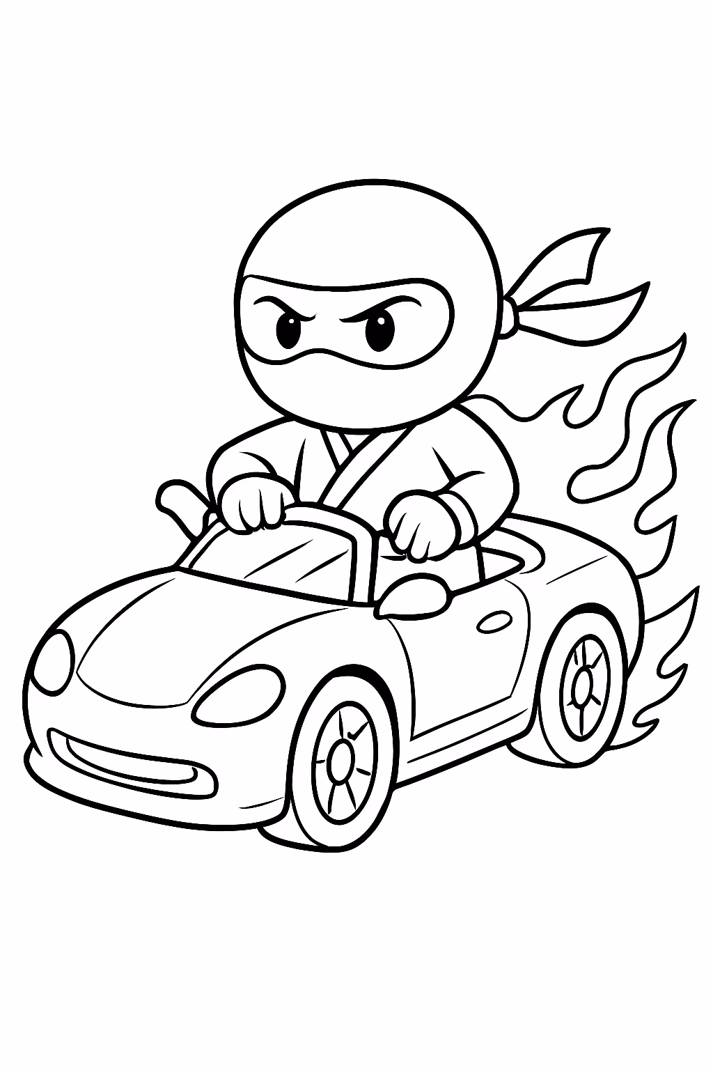 Ninja em carro super rapido e fogo saindo do carro para colorir — desenho para imprimir