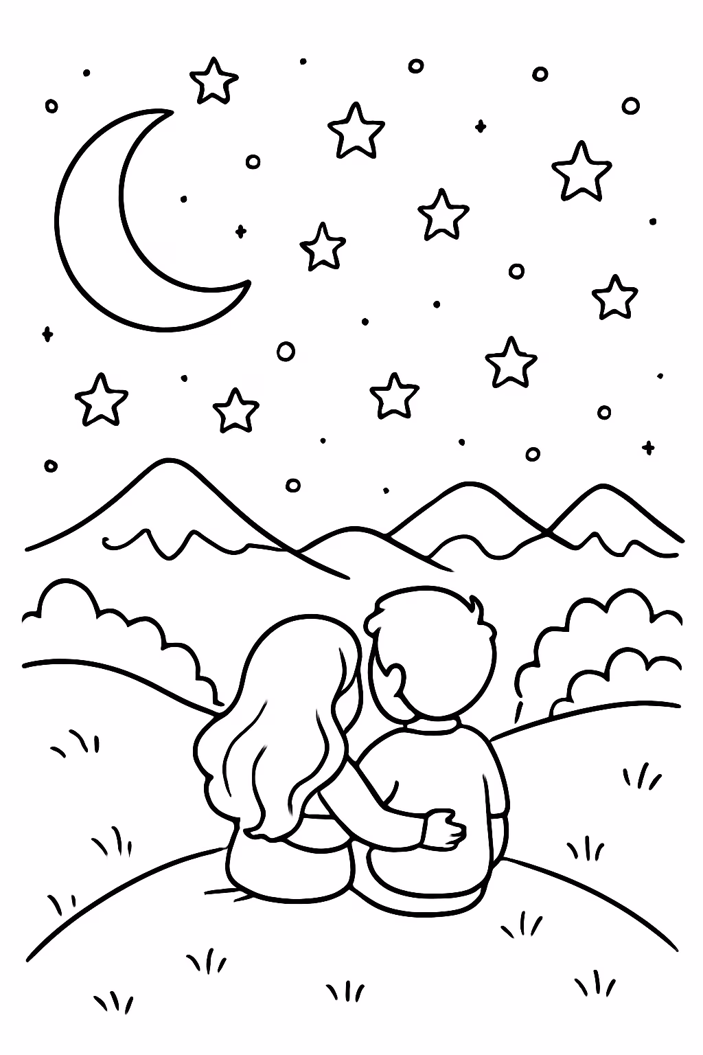 Noite estrelada romantica monte para colorir — desenho para imprimir