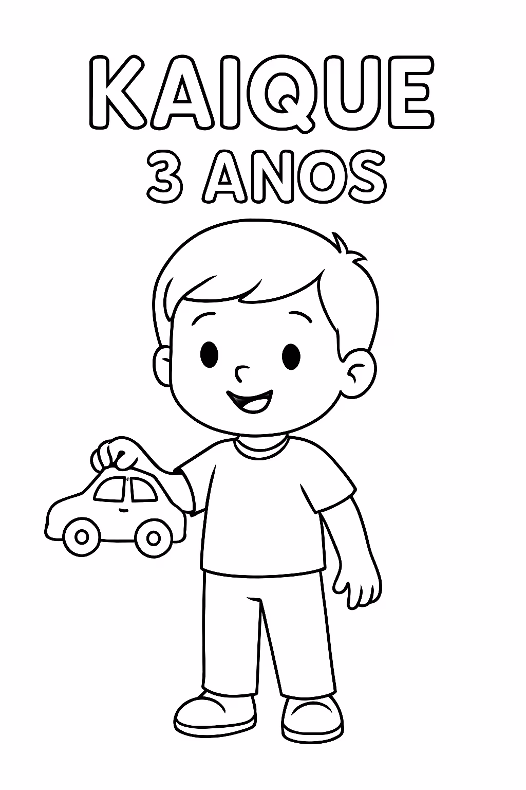 Nome kaique anos e coloque um menino com um carrinho para colorir — desenho para imprimir